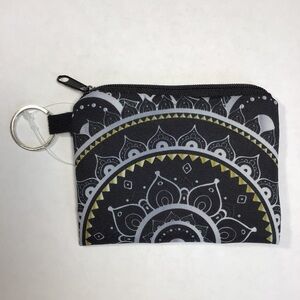 Black and Gray Mandala Zippered Mini Clutch with Ring